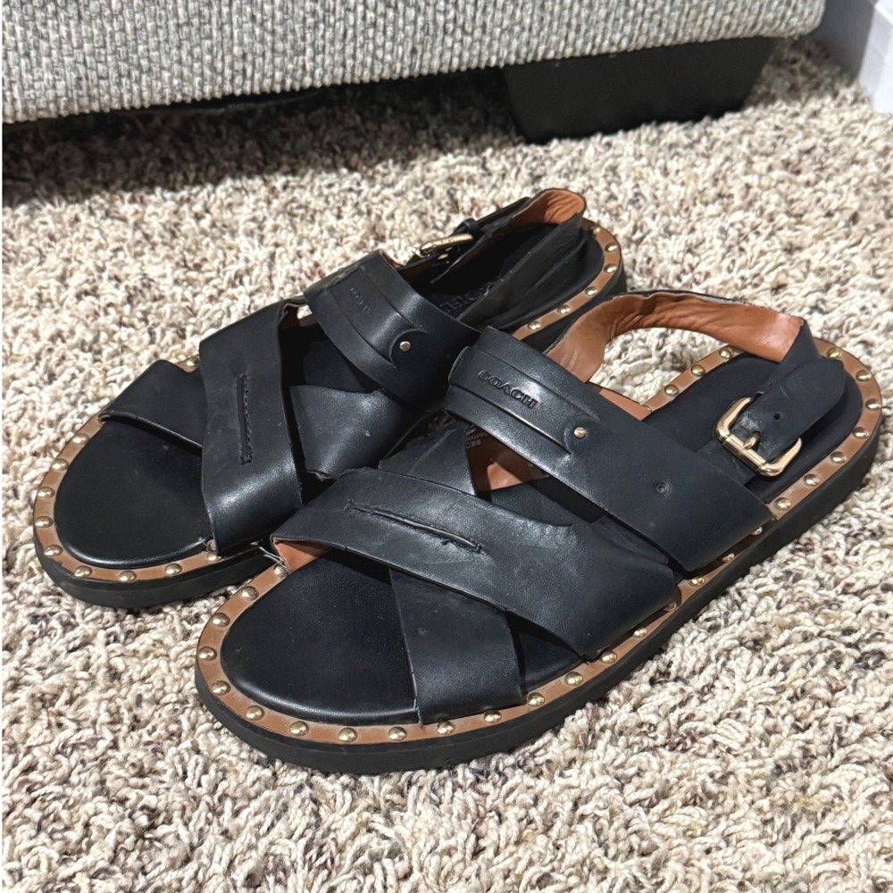 Coach C4376 Black Leather Studded Slingback Flat Sandals Womens 10B